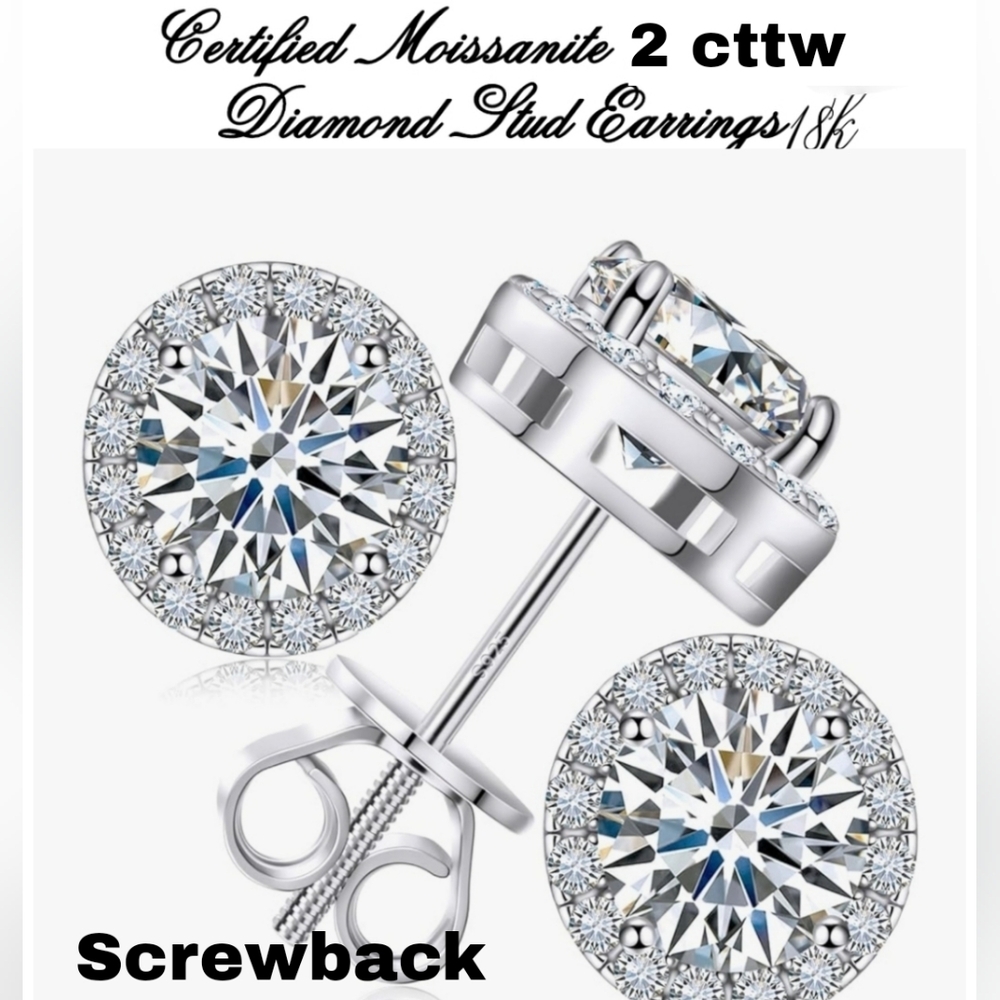 Moissanite HALO Stud Earrings 2cwt D color VVS1 Clarity Round Brilliant Cut